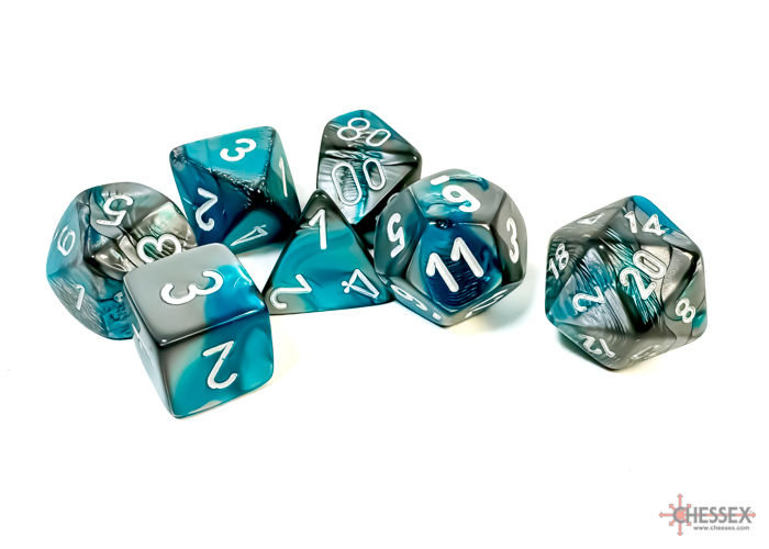 CHX26456 - SET 7 DADI POLIEDRICI GEMINI STEEL-TEAL/WHITE