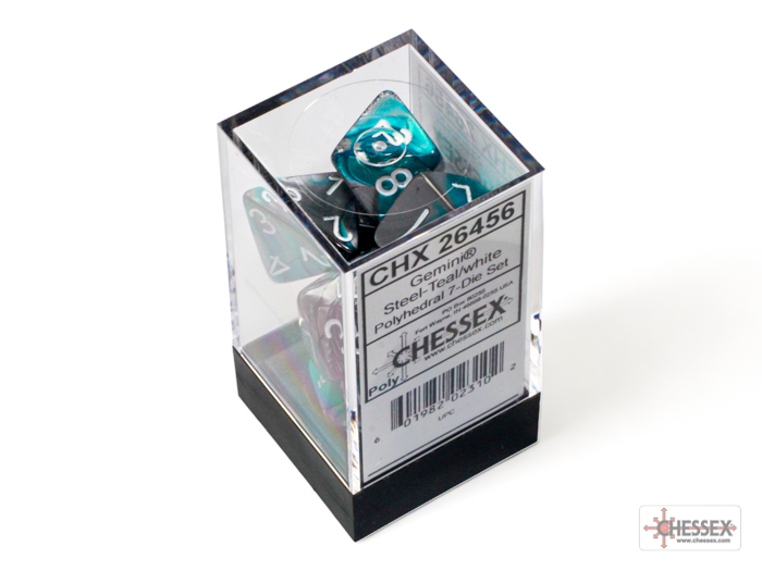 CHX26456 - SET 7 DADI POLIEDRICI GEMINI STEEL-TEAL/WHITE - immagine 2